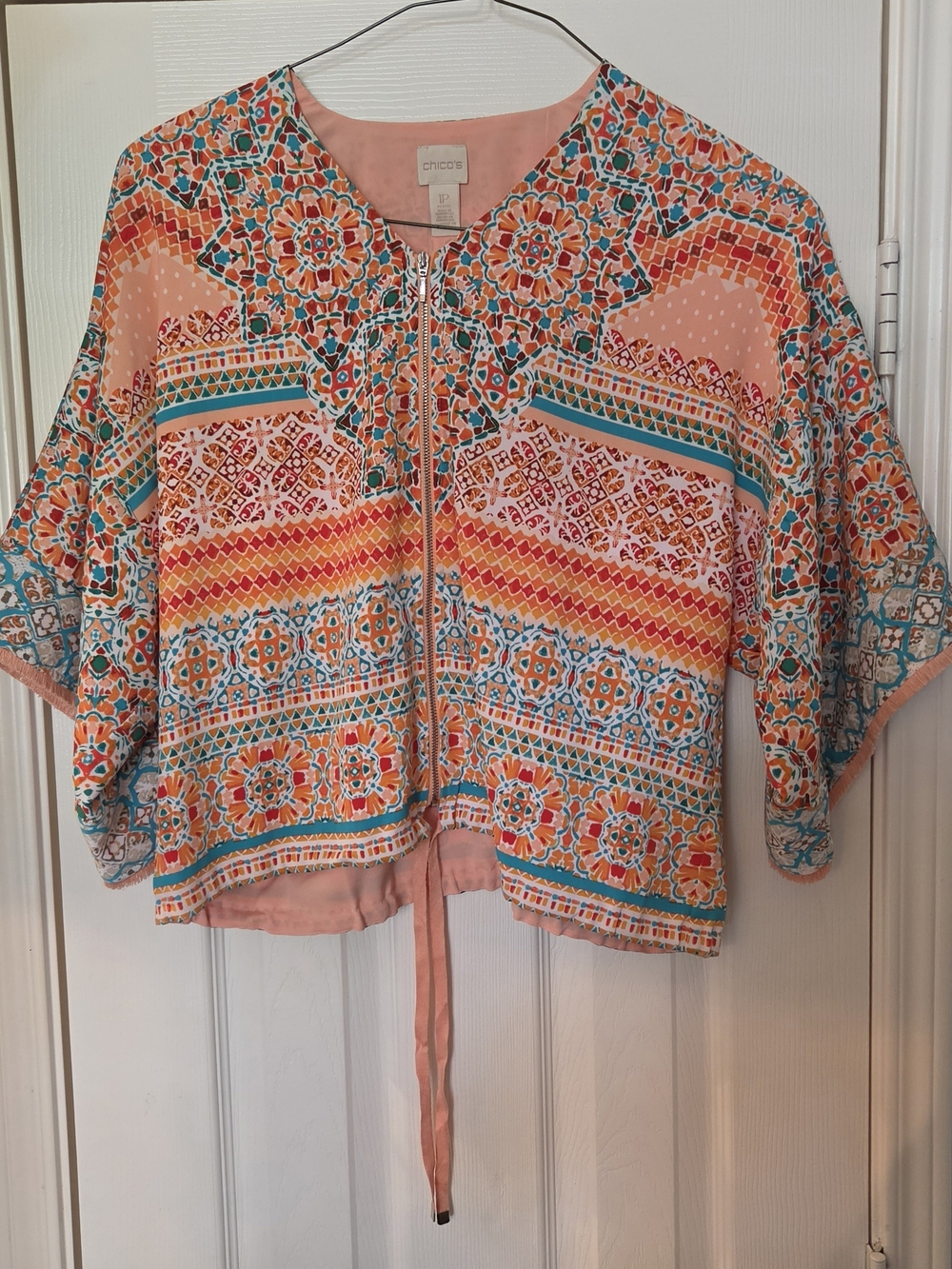 Chico's Printed Zip-Front Blouse in Orange & Blue